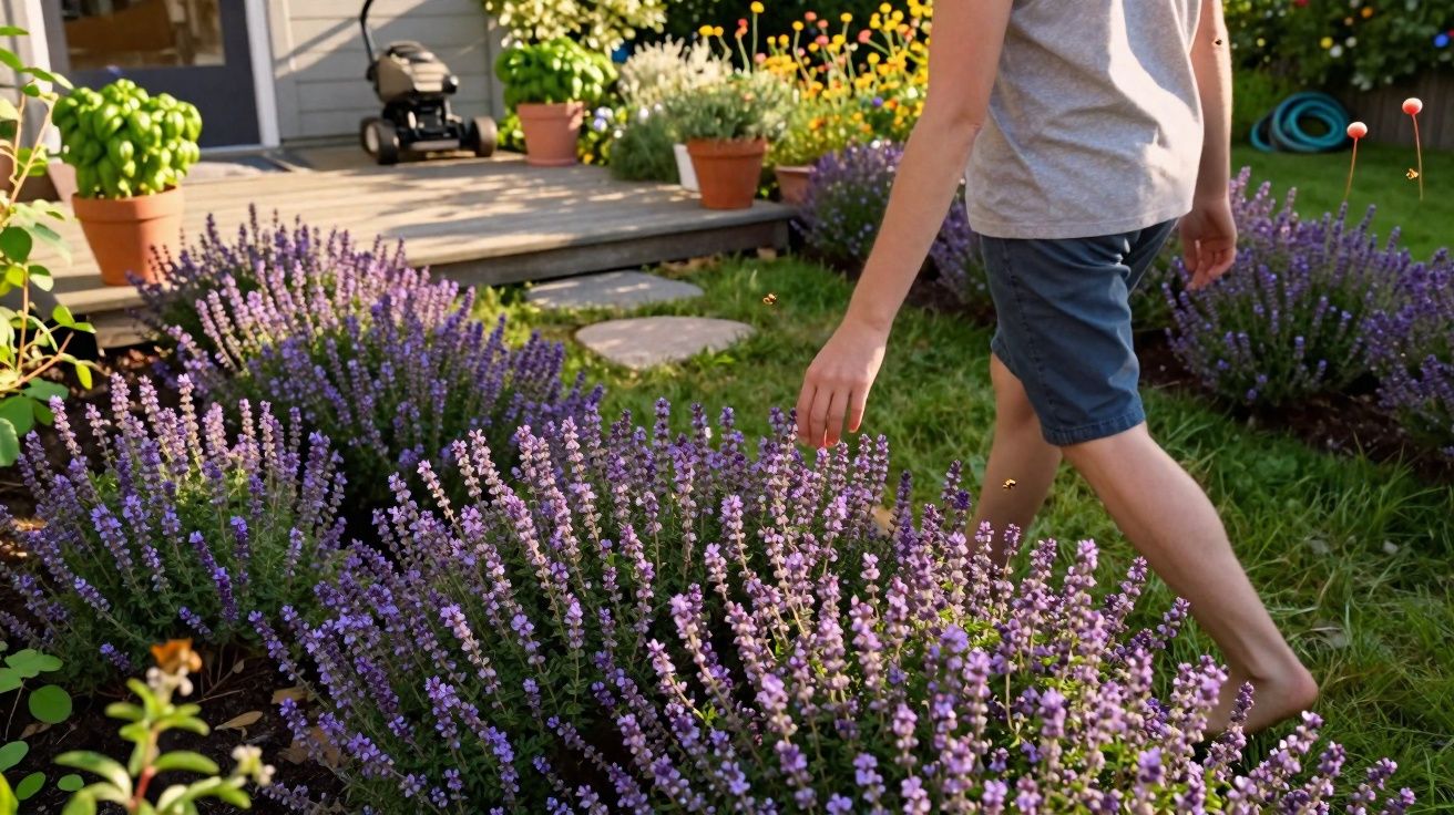 Pessoa caminhando descalça entre flores lilases em jardim ensolarado atrás de casa.