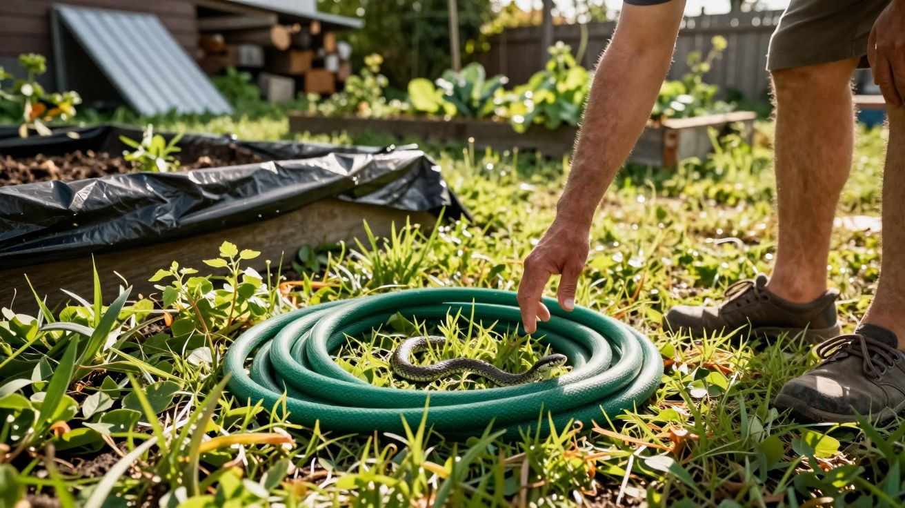 Mão de homem tentando pegar uma cobra enrolada em uma mangueira verde no jardim ensolarado.