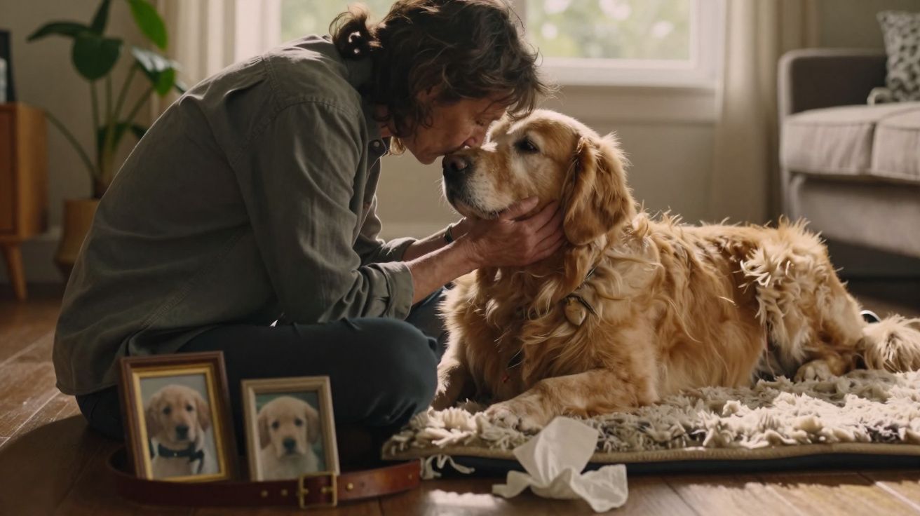 Pessoa abraça e beija cachorro Golden Retriever deitado em tapete, ao lado há quadros com fotos do cachorro.