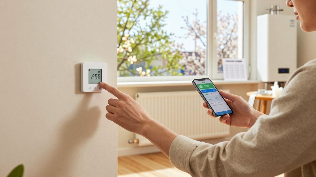 Pessoa ajustando termostato na parede com smartphone em ambiente interno iluminado pela janela.