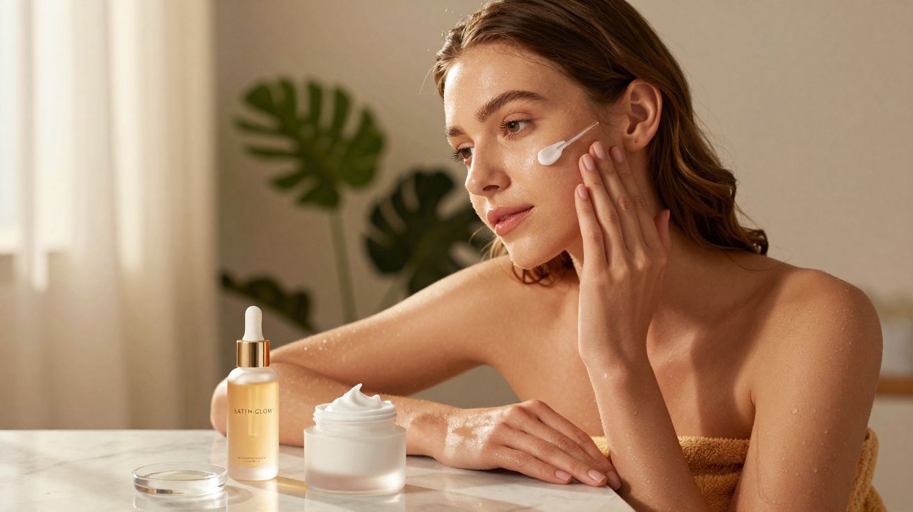Mulher aplicando creme facial, com frascos de cosméticos sobre mesa clara em ambiente tranquilo.