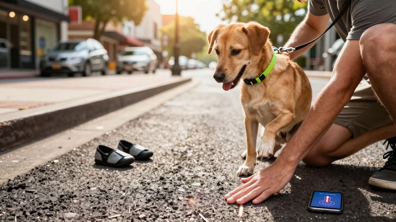 Cachorro com coleira verde observando a mão de pessoa em calçada quente, sapatos ao fundo e celular no chão.