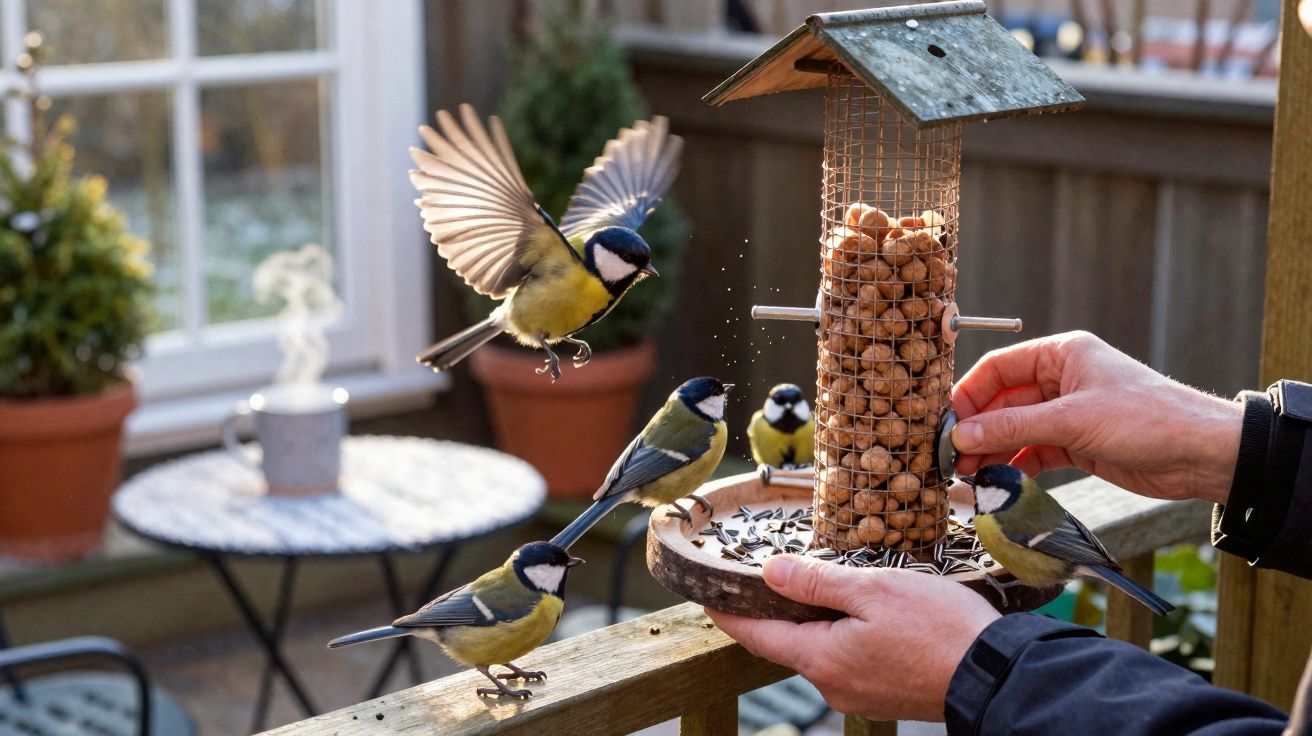 Pássaros alimentando-se em comedouro suspenso enquanto uma pessoa abastece com nozes.