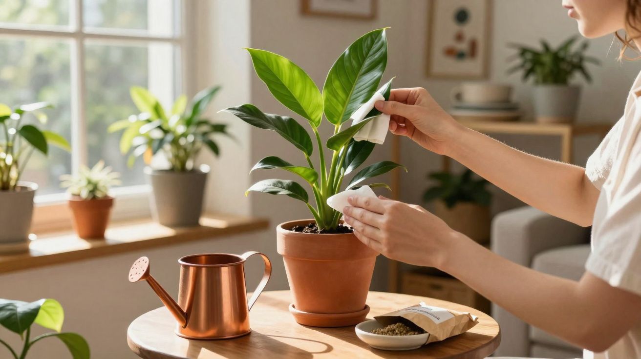 Pessoa limpando folhas de planta em vaso de cerâmica sobre mesa com regador e sementes.