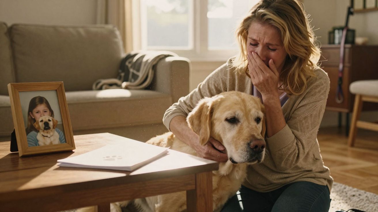 Mulher chorando abraçada a cachorro, foto deles quando criança no móvel ao lado.