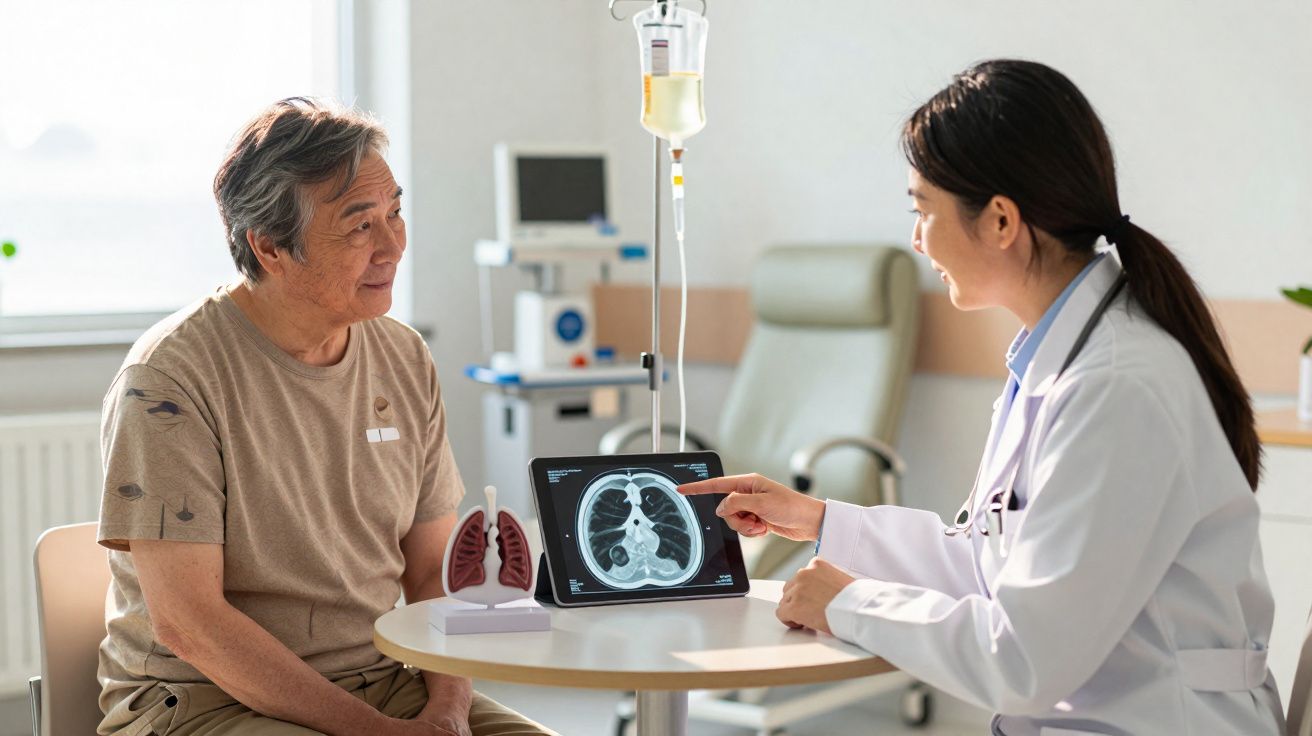 Médica explica exame de tomografia de pulmão para paciente idoso em consultório médico.