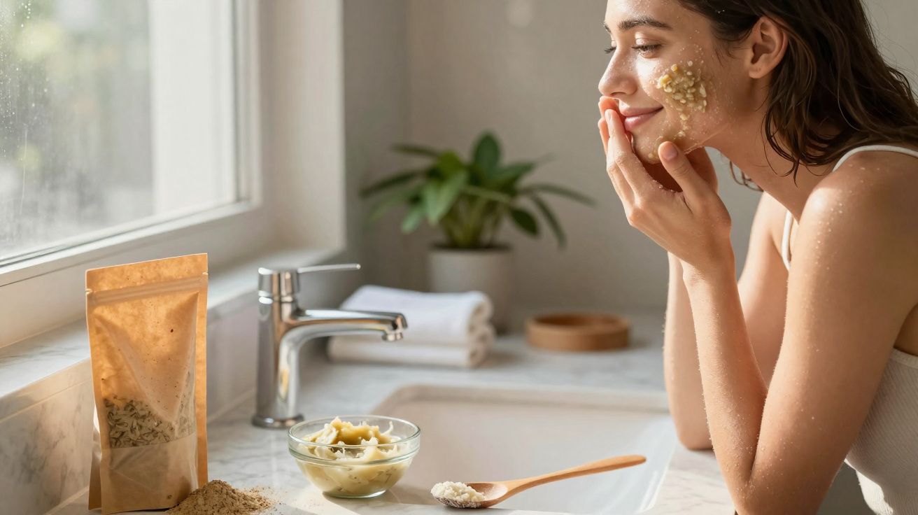 Mulher aplicando esfoliante caseiro no rosto em banheiro iluminado, com produtos naturais na pia.