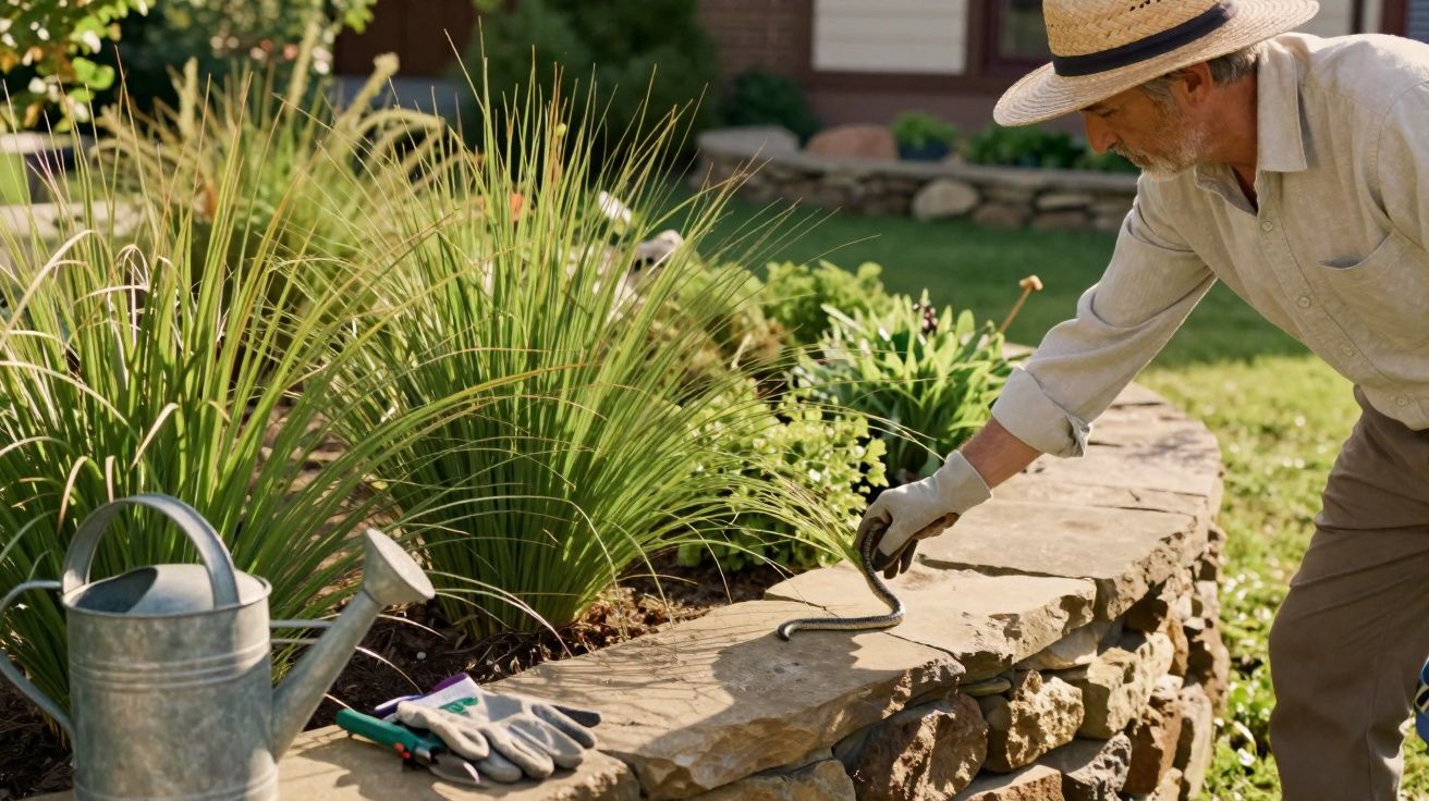 Homem com chapéu e luva removendo cobra pequena de jardim com pedras e regador ao lado.
