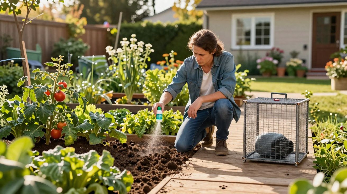 Pessoa aplicando pesticida em horta caseira com coelho preso em gaiola ao lado em área externa.