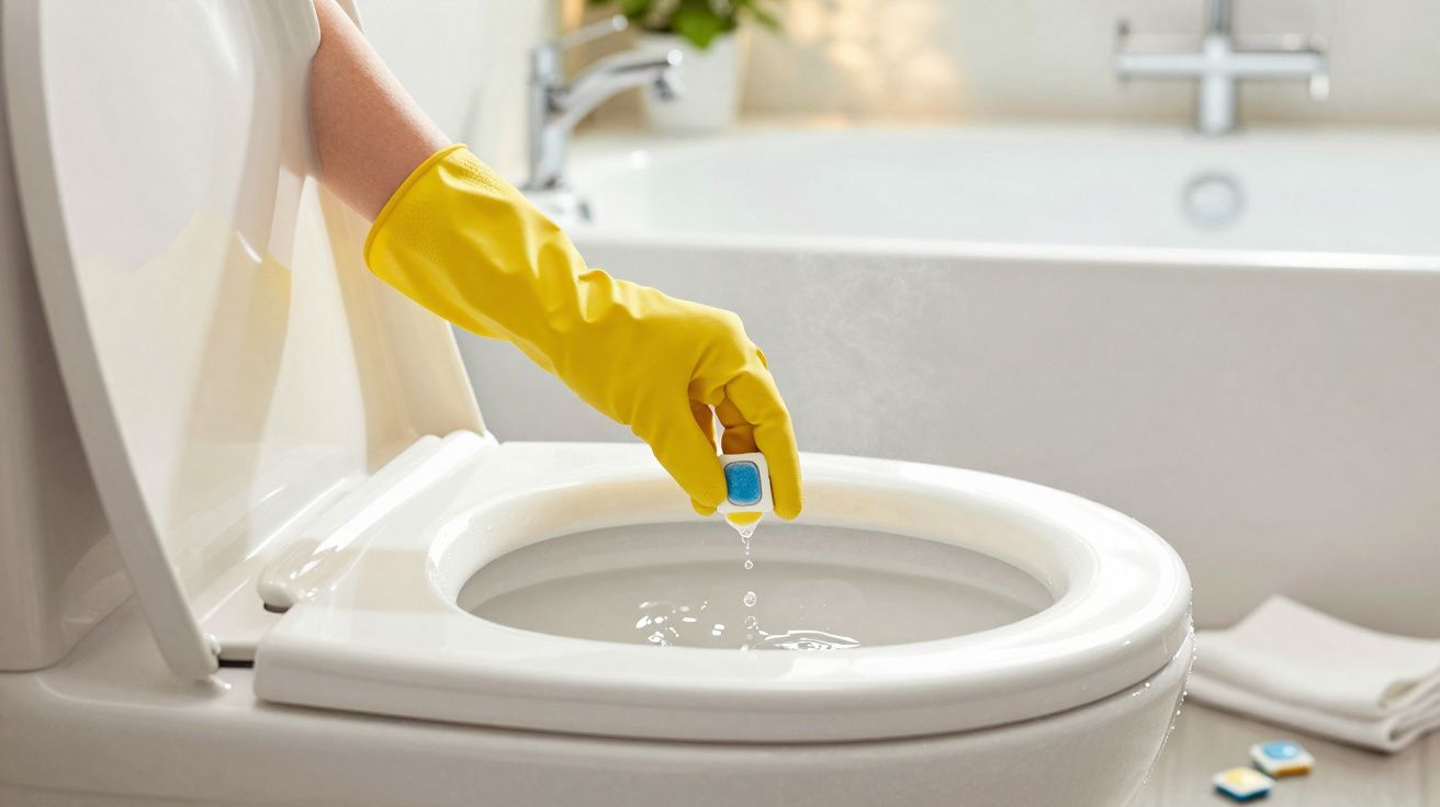 Mão com luva amarela aplicando pastilha de limpeza no vaso sanitário branco.