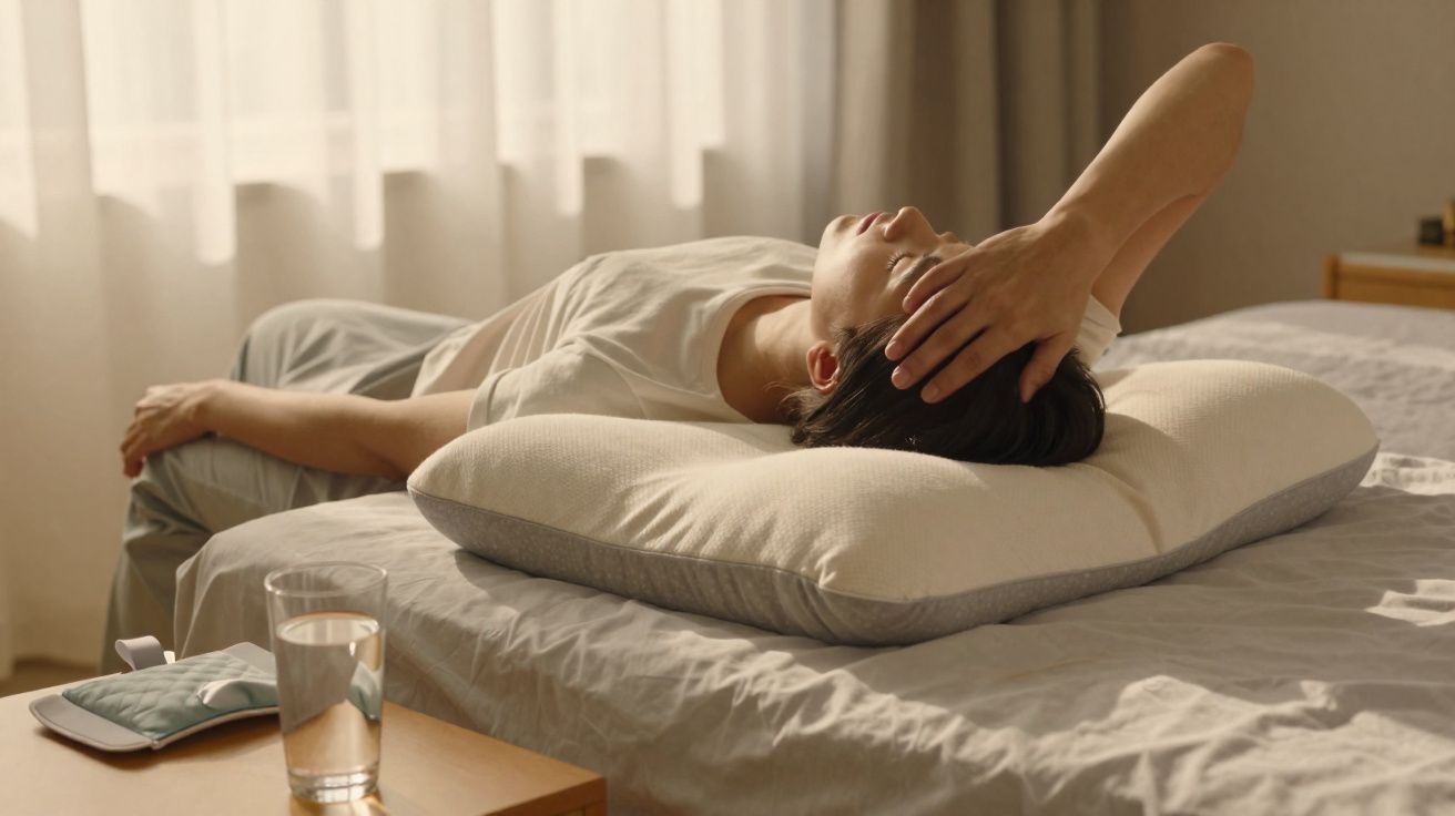 Pessoa deitada na cama com a mão na cabeça, aparentando dor, e um copo de água na mesa ao lado.