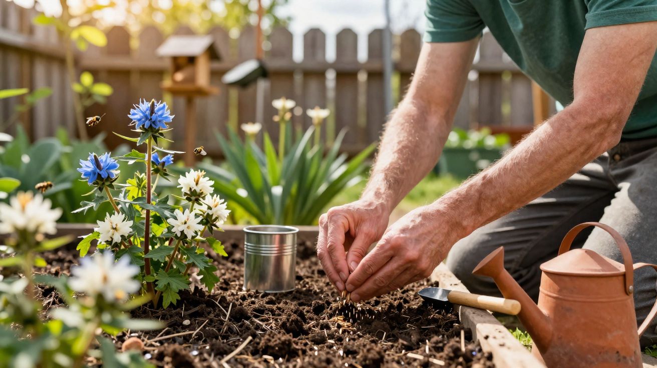 Pessoa plantando sementes em canteiro com flores e bees voando no jardim ensolarado.