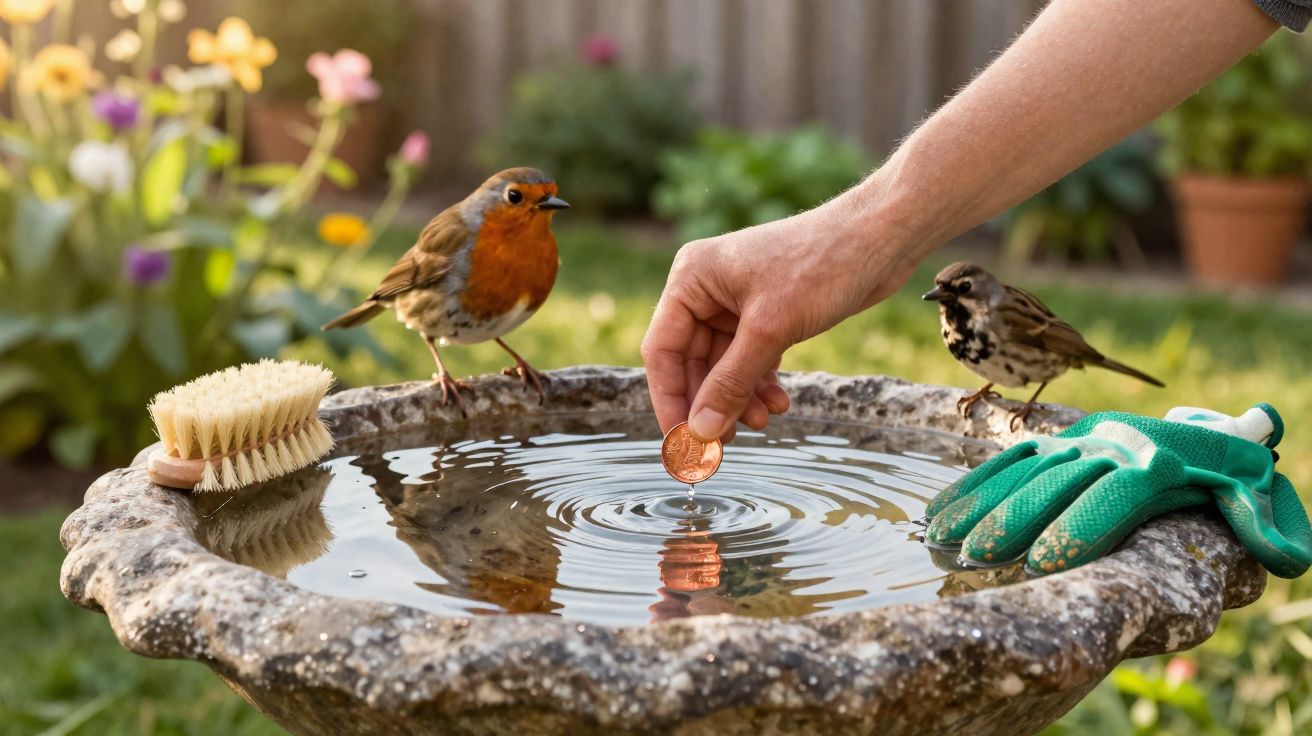Mão colocando moeda na água de um bebedouro de pedra enquanto dois pássaros observam em jardim florido.