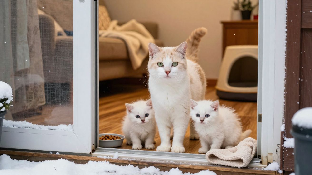 Gata branca com manchas claras e dois filhotes sentados na entrada de uma casa com neve do lado de fora.