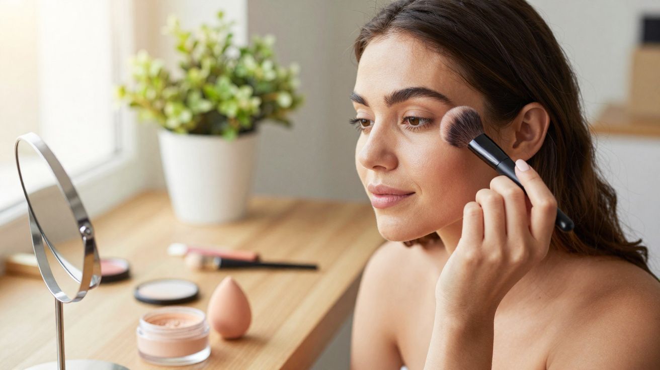 Mulher aplica maquiagem com pincel em frente a espelho, em mesa com produtos de beleza e planta ao fundo.