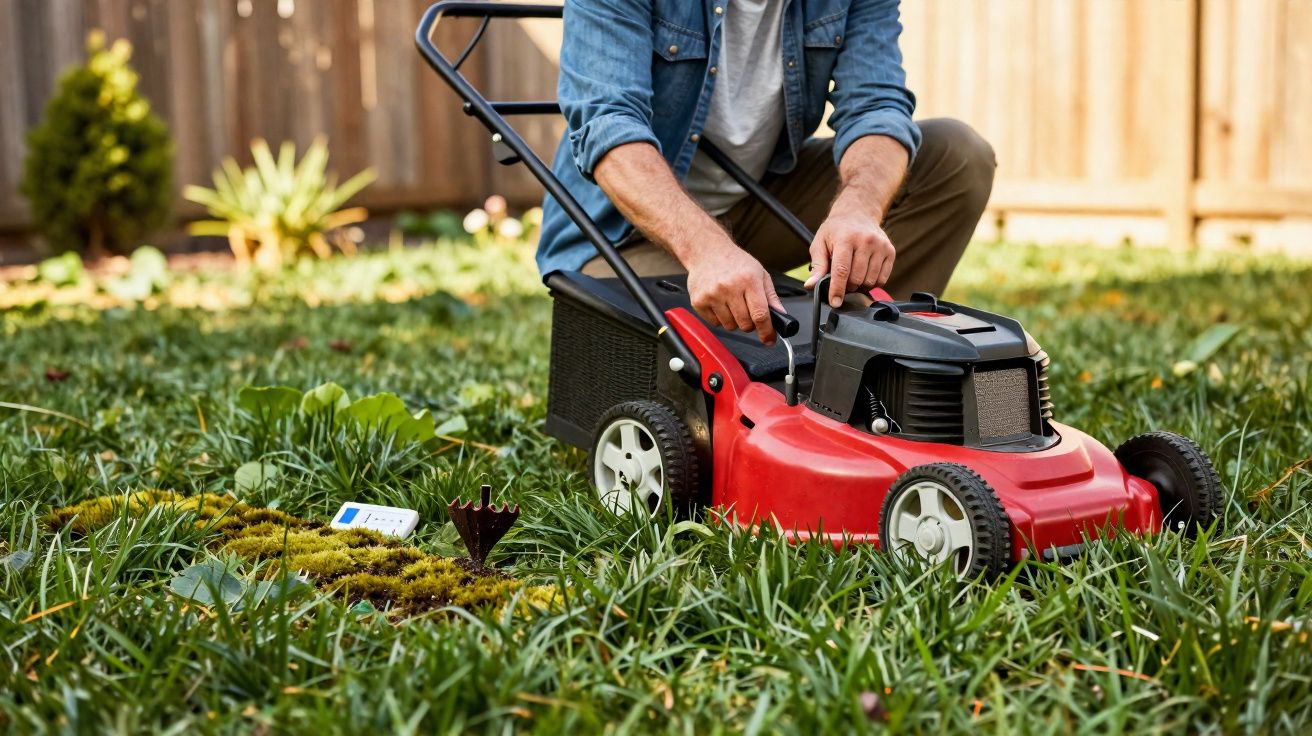Pessoa ajustando cortador de grama vermelho em jardim com grama alta e plantas ao fundo.