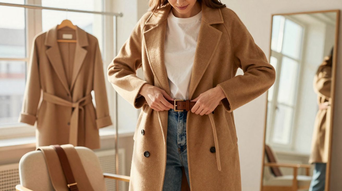 Mulher vestindo casaco bege ajustando cinto marrom em quarto com casaco pendurado e espelho.