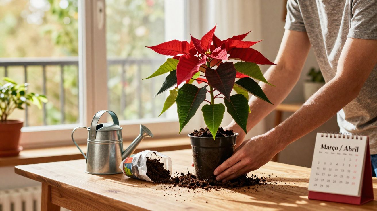 Pessoa cuidando de uma planta vermelha em vaso sobre uma mesa com terra, regador e calendário.