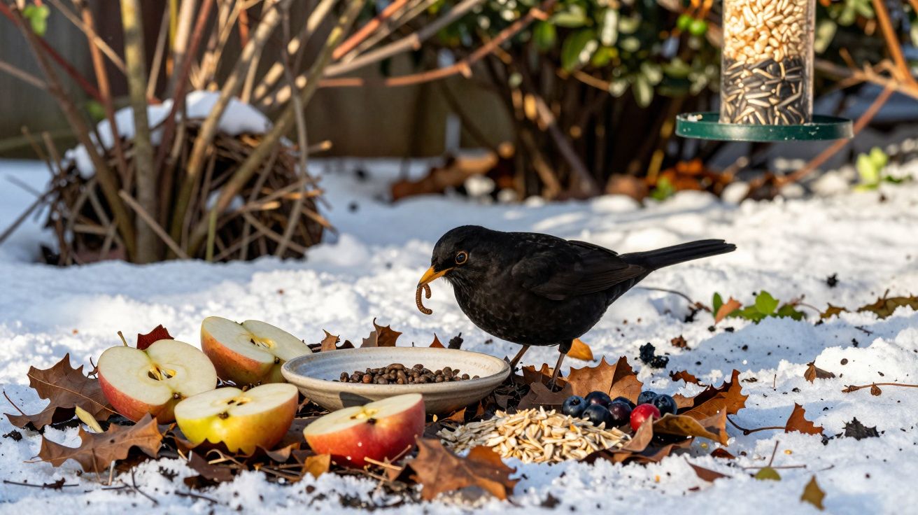 Pássaro preto com minhoca no bico se alimentando de sementes, frutas e bagas na neve entre folhas secas.