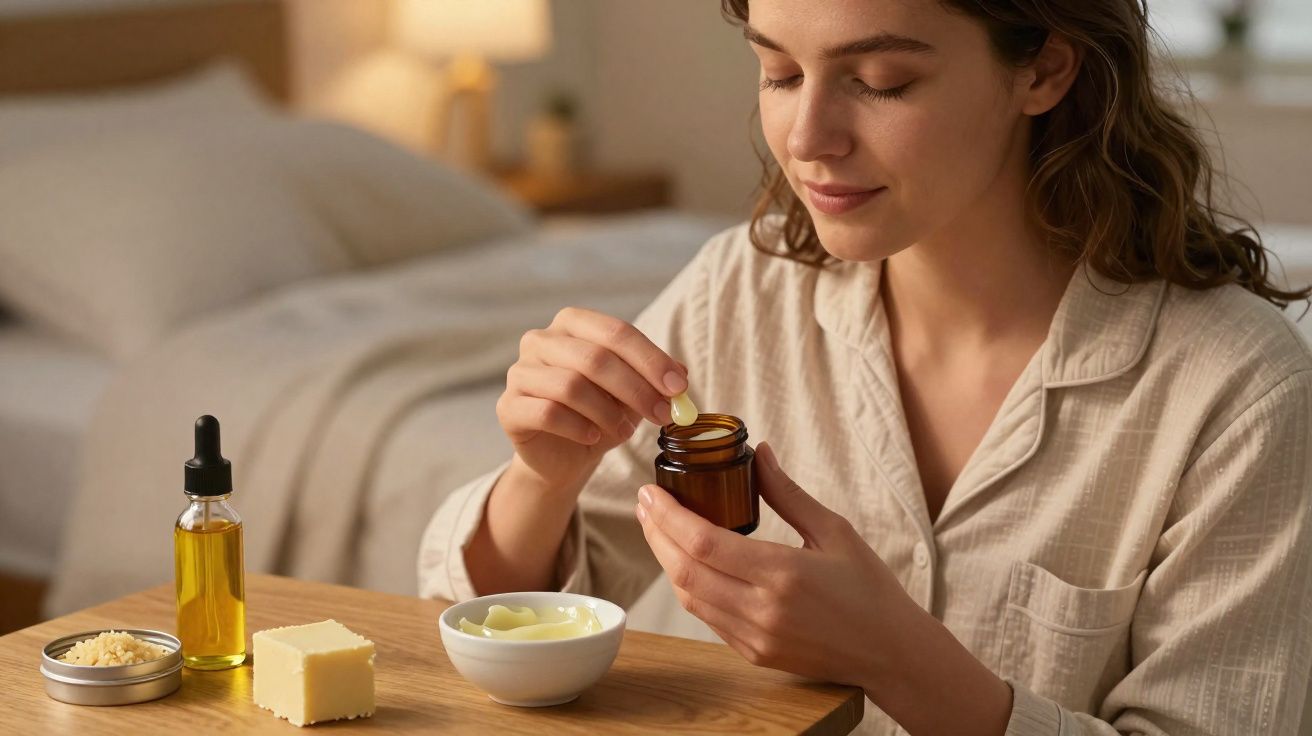 Mulher segurando cápsula de suplemento ao lado de óleos e cremes em mesa de madeira.