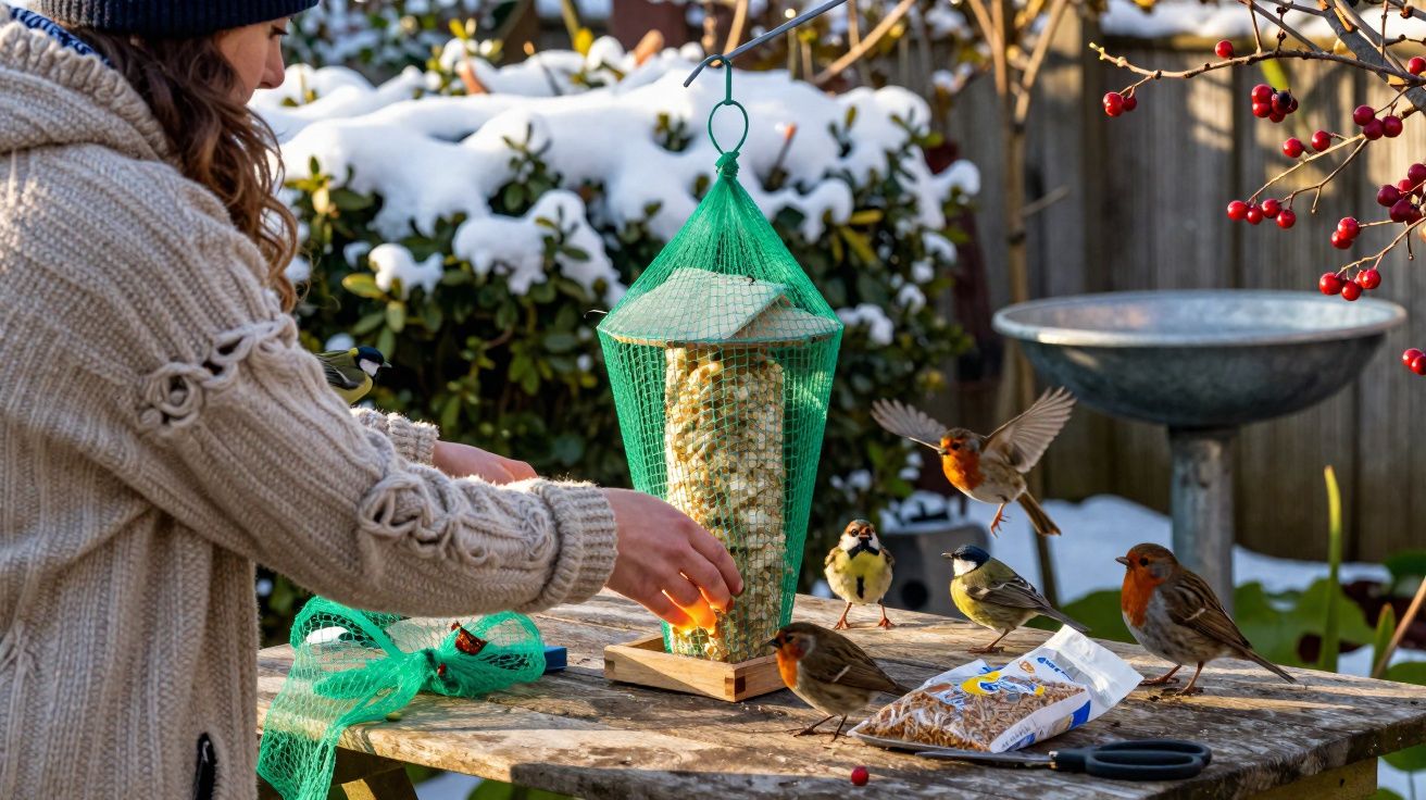 Pessoa alimentando pássaros com comedouro suspenso em mesa, ao ar livre, com neve e berries vermelhas.