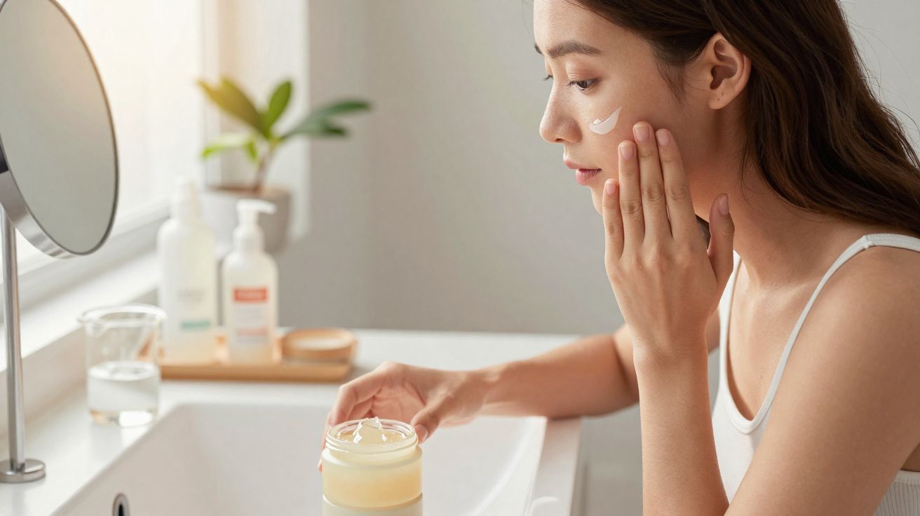 Mulher aplicando creme facial em frente ao espelho no banheiro, com produtos sobre a pia.