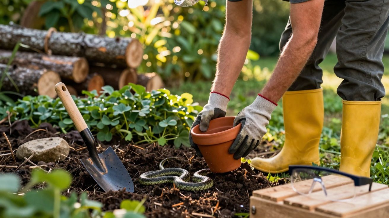 Pessoa com botas amarelas e luvas manuseia vaso perto de cobra no solo de jardim com pá e ferramentas.