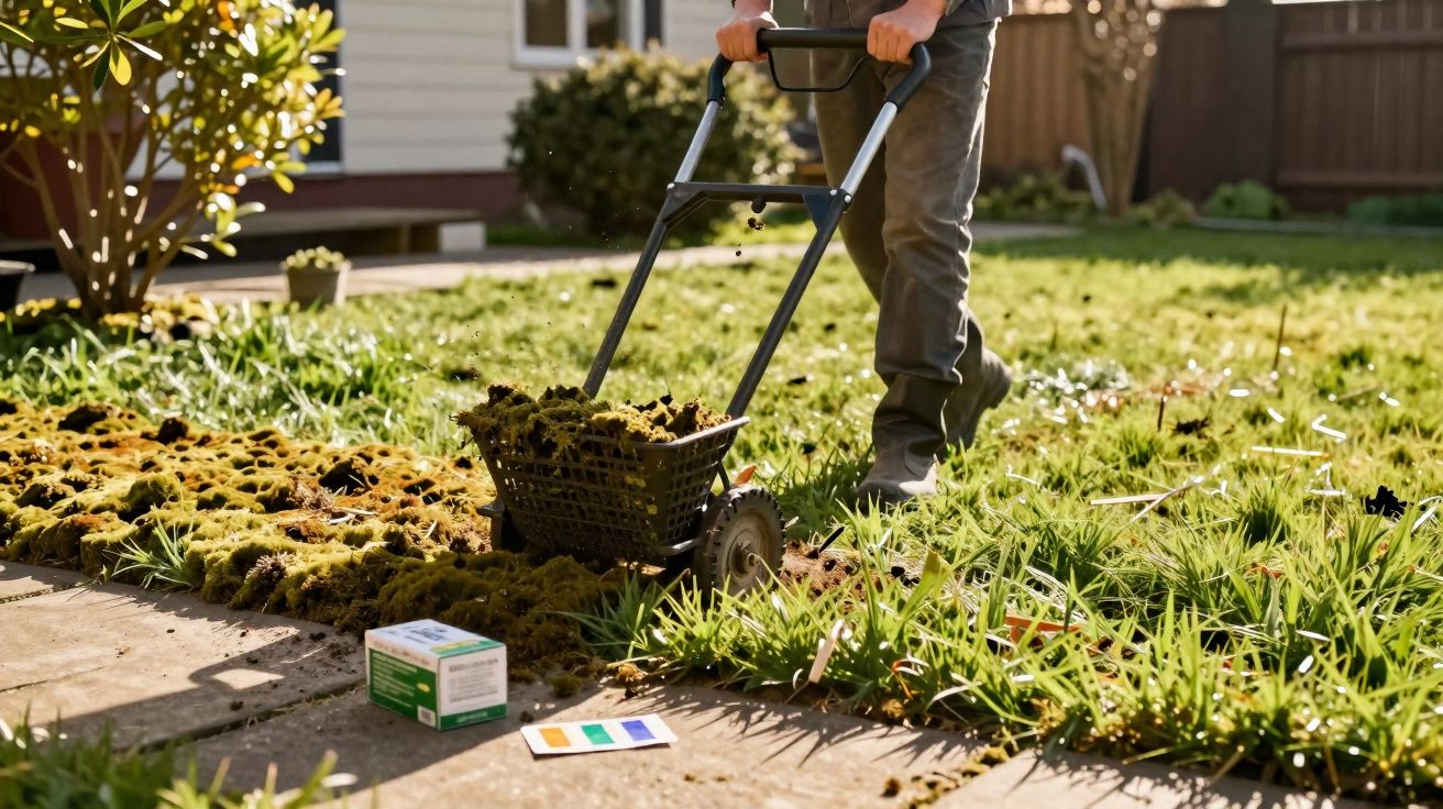 Pessoa usando equipamento para remover musgo do gramado em jardim residencial.