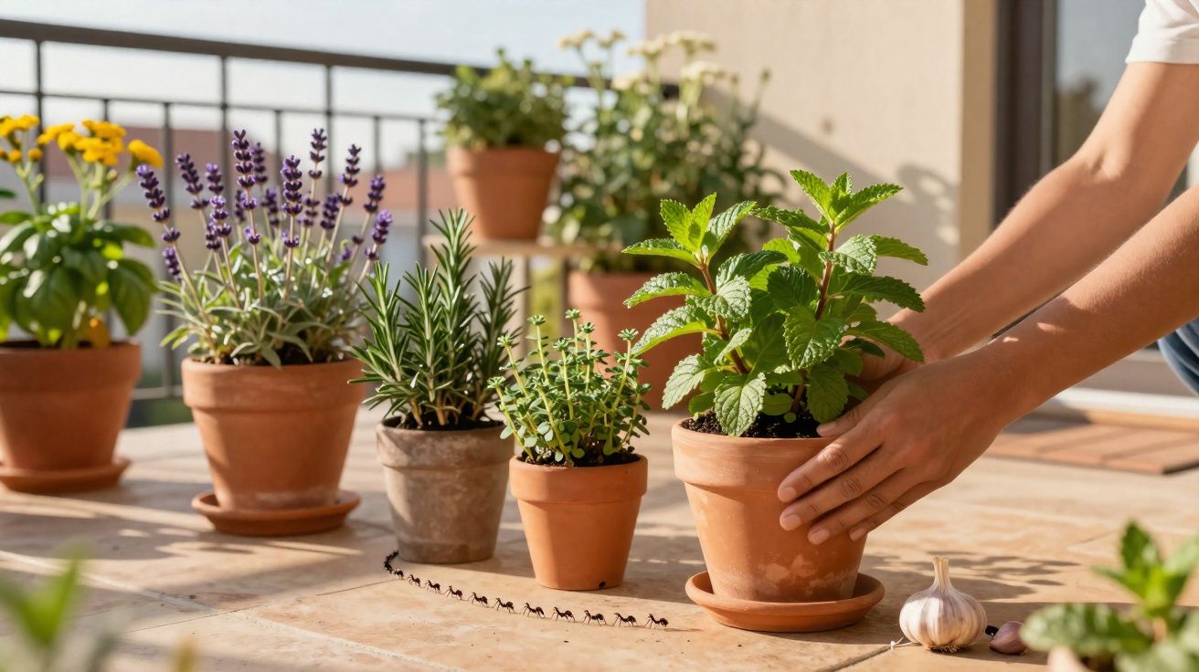 Mãos cuidando de plantas em vasos com ervas e flores sobre piso externo ensolarado.