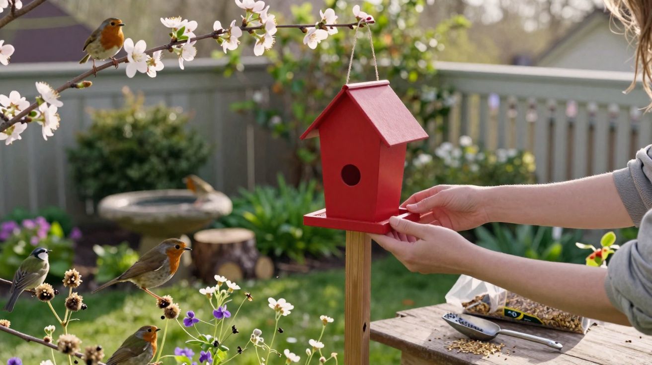 Pessoa instalando casa de passarinho vermelha em jardim florido com aves pousadas nas flores e galhos.