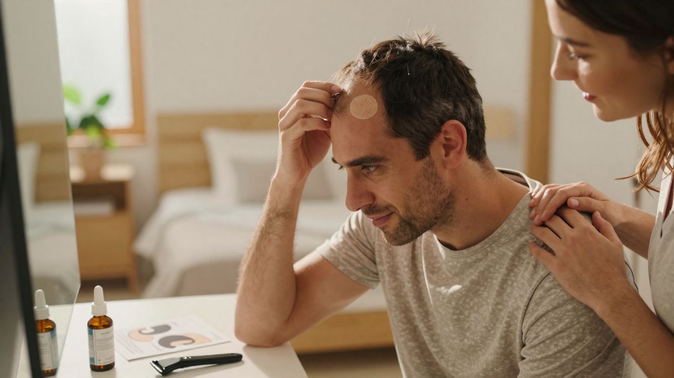 Homem com adesivo na testa recebe apoio de mulher enquanto se olha no espelho em quarto iluminado.