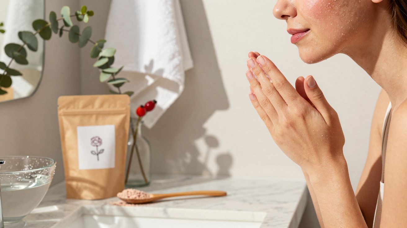 Mulher com pele molhada em frente à pia, com toalha, planta e produtos de beleza ao fundo.