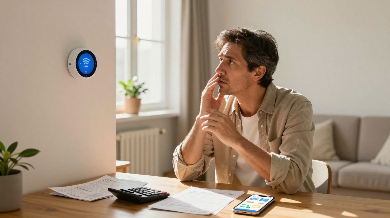 Homem preocupado olhando para termostato inteligente enquanto calcula contas em mesa com smartphone.