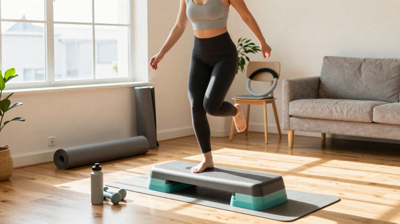 Mulher praticando exercício de step em casa com colchonete, pesos e garrafa ao lado.