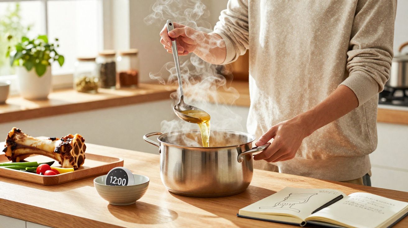 Pessoa preparando caldo em panela com pedaços de osso e vegetais ao lado e caderno aberto na bancada.