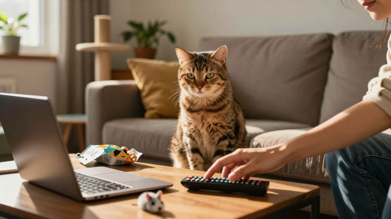 Gato sentado em mesa de centro observa pessoa usando controle remoto ao lado de notebook em sala.