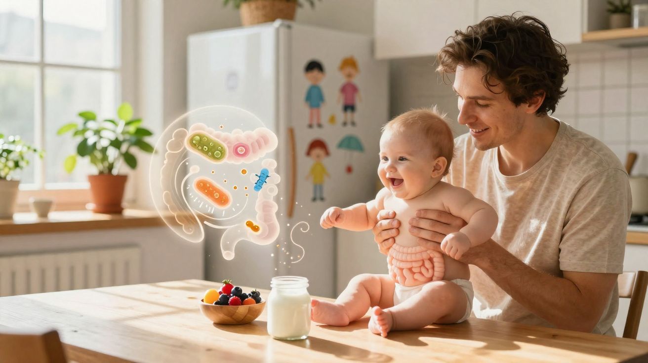 Pai segurando bebê sorridente na cozinha, com ilustração de intestino e bactérias sobre mesa com frutas e pote de iogurte.