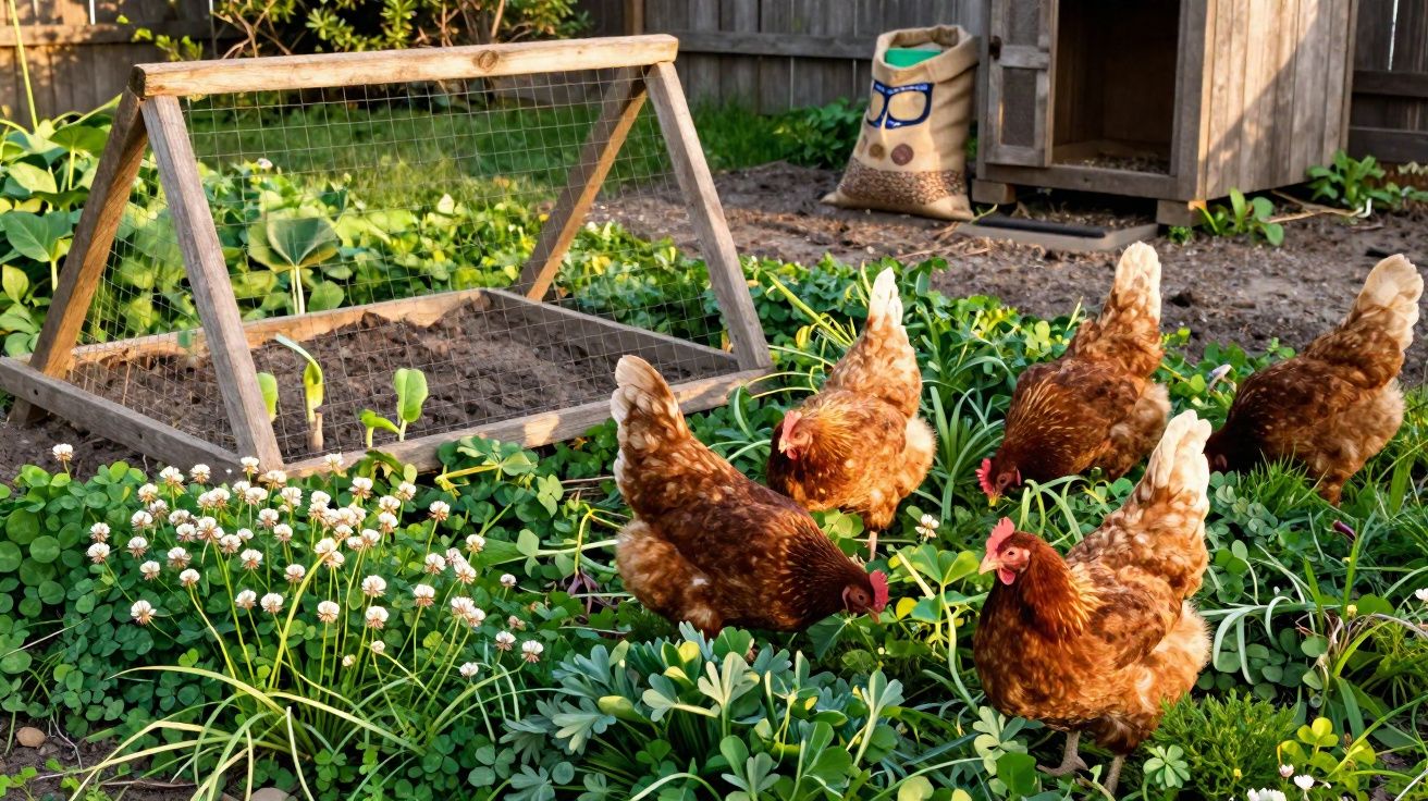 Quatro galinhas marrons próximas a um cercado de madeira e vegetação em um quintal ensolarado.