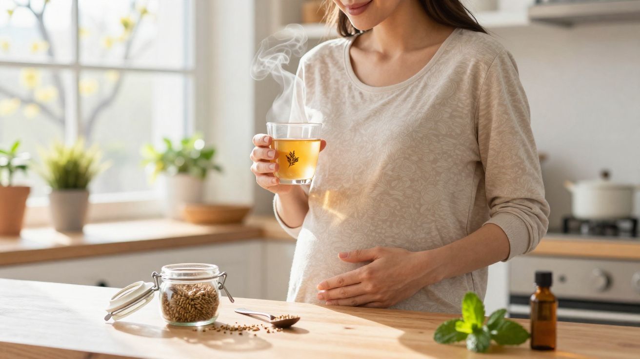 Mulher grávida segurando copo de chá quente na cozinha com ervas em frascos na mesa.