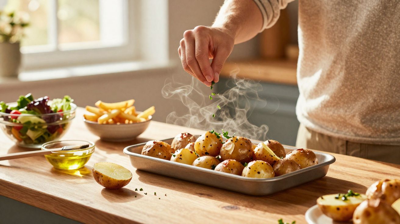 Pessoa temperando batatas assadas em uma assadeira fumegante sobre bancada de madeira na cozinha.