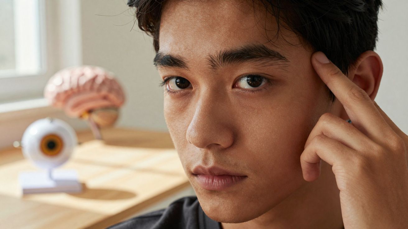 Homem jovem tocando a têmpora com modelo ilustrativo de cérebro e olho ao fundo em ambiente iluminado.