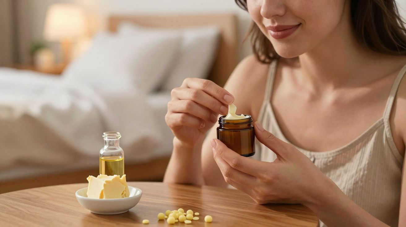 Mulher segurando pote de creme, com manteiga, óleo e cápsulas sobre mesa em ambiente acolhedor.