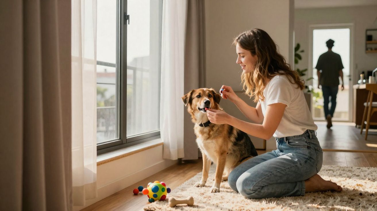 Mulher sorridente cuidando dos dentes de um cachorro sentado em tapete claro perto da janela.