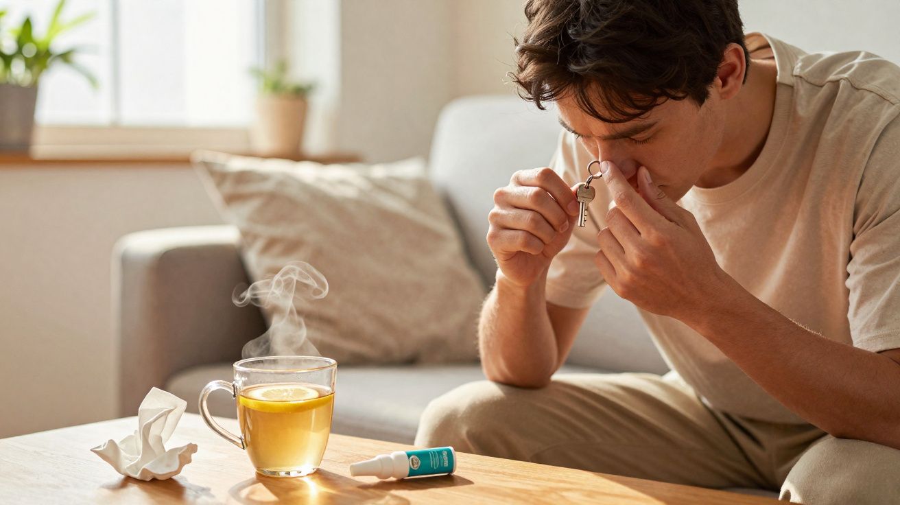 Homem sentado no sofá cheirando inalador nasal, com chá, lenço e spray nasal sobre mesa de madeira.