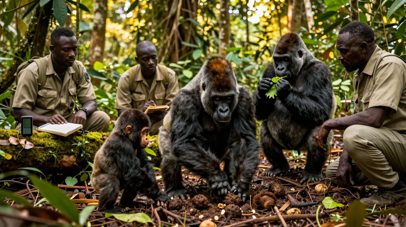 Equipe de pesquisadores observa gorilas adultos e filhote na floresta tropical.