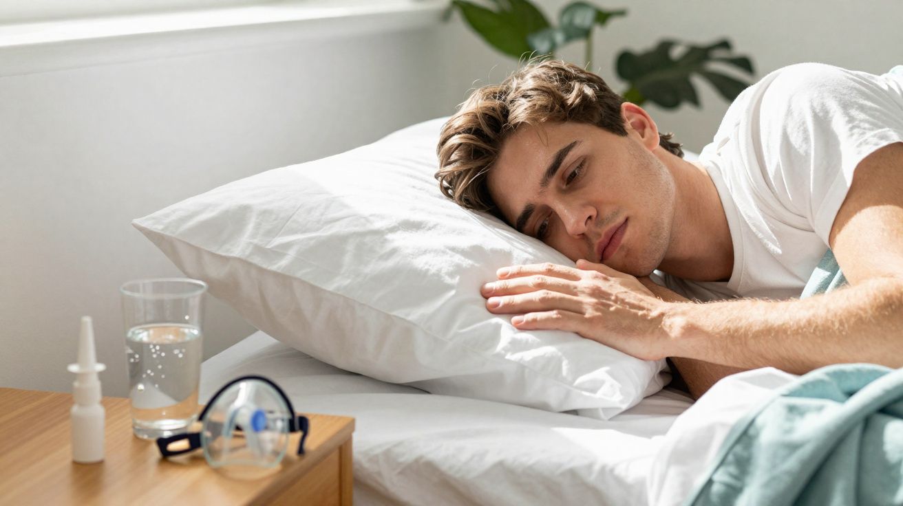 Homem deitado na cama parecendo cansado, ao lado de um copo d'água, spray nasal e máscara de oxigênio.
