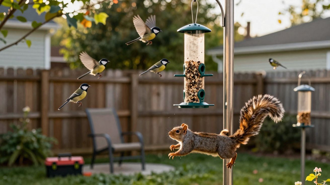 Esquilo saltando perto de comedouro com pássaros voando ao redor em jardim residencial.