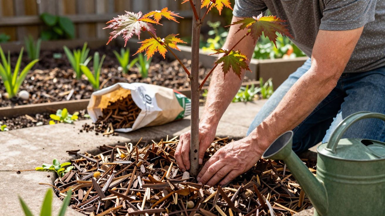 Pessoa plantando muda de árvore com folhas avermelhadas e cobrindo solo com cobertura vegetal.