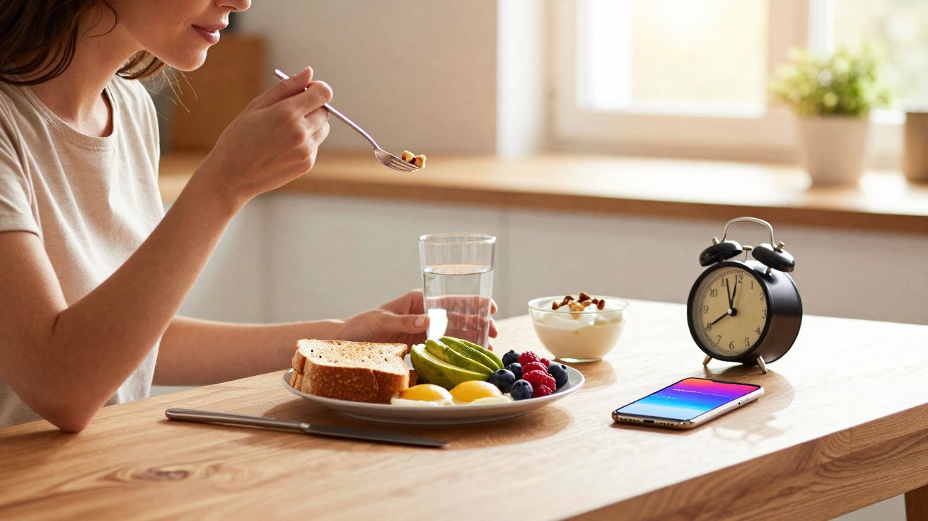 Pessoa tomando café da manhã com frutas, ovos, pão, iogurte, copo d'água, relógio e celular na mesa.