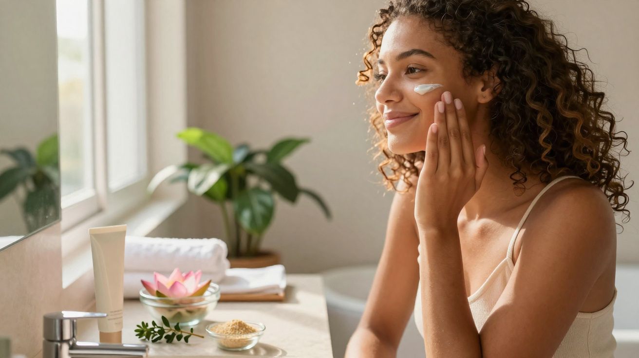 Mulher aplicando creme no rosto em banheiro iluminado, com planta e toalhas ao fundo.